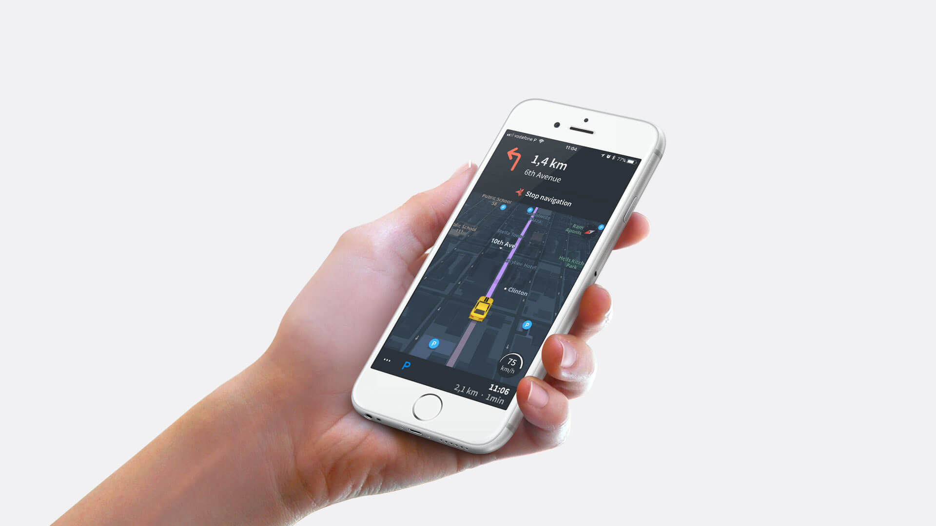 A hand holding an iphone with Karta GPS